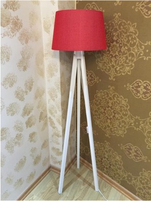 Allians Konik Ahşap Lambader, Kumaş Başlık, Tripod 3 Ayaklı Abajur, Kırmızı-Beyaz