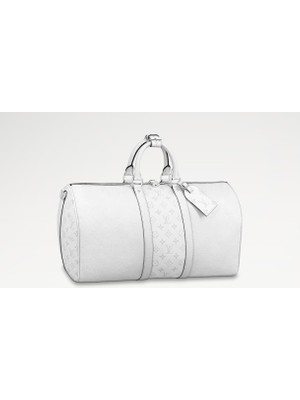 AGM Lv Keepall Bandoulière 50 M30885 Beyaz Monogram Taïgarama Çanta Unisex , Lv Keepall Bandoulière 50 Optik Beyaz Miniseyahatçantası