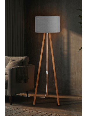 Allians Gri Tripod Lambader Abajur, Şık ve Modern Tasarım, Ahşap Detaylar