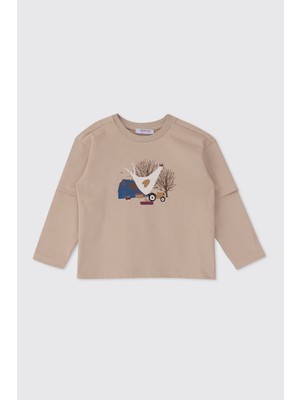 Panço Erkek Bebek Uzun Kollu Baskılı Bej Tişört