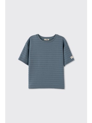 Panço Erkek Çocuk Yakası Rıbanalı Kısa Kollu Indigo Tişört