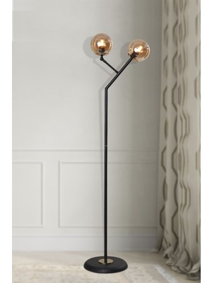 Allians Şık Siyah-Gold Metal Gövde Bal Camlı Lüx Yerden Aydınlatma Lambader