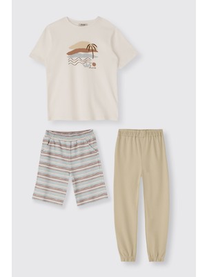 Panço Erkek Çocuk Bej 3'lü Pijama Takımı