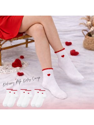 Kral Socks 3 Çift Kadın Kalp Desenli Dikişsiz Burun Pamuklu Patik Çorap