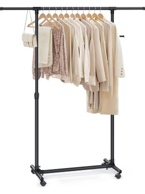 Storemax Uslucanmarketplace ‎songmıcs Tekerlekli Elbise Askısı, 97 ve 165 cm Arasında Yüksekliği Ayarlanabilir, Uzatılabilir Gardırop Askısı, Aksesuarlar Için Yan Kancalar, Siyah LLR001B01