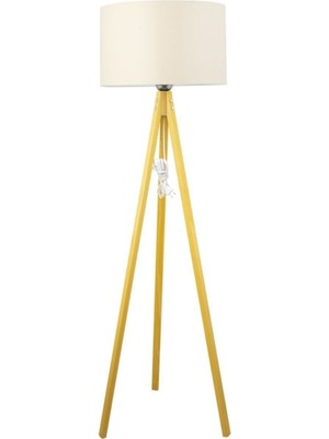 Allians Rustik Ahşap 3 Ayak Tripod Lambader, Natural Açık Kahverengi, Krem Şapka