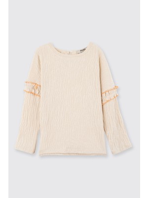 Panço Kız Bebek Yuvarlak Yaka Fırfır Detaylı Bej Tişört