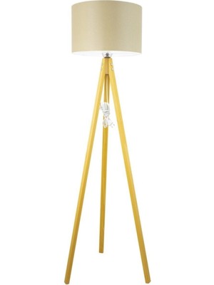 Allians Rustik Ahşap Tripod Lambader, Natural Açık Kahverengi, Yeşil Silindir Şapka