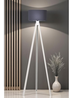 Allians Şık Ahşap Gövdeli Beyaz Ayaklı Lambader, Antrasit Renkli, Modern Tasarım