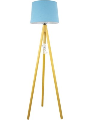 Allians Rustik Ahşap 3 Ayak Tripod Lambader, Turkuaz Konik Şapka Tasarımı