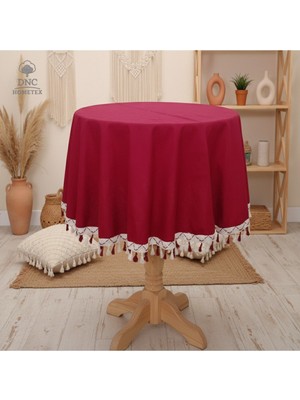Dnc Home Tekstil Premium Keten Bordo Yuvarlak Ponponlu Masa Örtüsü