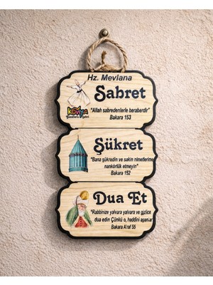 Sufi Tesbih Esans Ve Hediyelik Mini Sabret Şükret Dua Et Ahşap Duvar Dekoru | Hz. Mevlana Temalı Islami Dekoratif Tablo | Ipli Askılı Duvar Süsü 17X10 cm