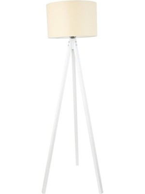 Allians Rustik Ahşap 3 Ayak Tripod Beyaz Lambader, Krem Şapka Tasarımı