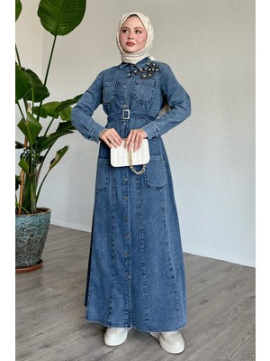 inStyle Boncuklu Kemerli Mavi Kot Elbise
