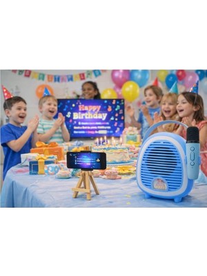 Tekinhediyelik Çocuklara Özel Retro Tasarımlı Bluetooth Karaoke Mikrofon ve Ahşap Tripodlu – Mavi
