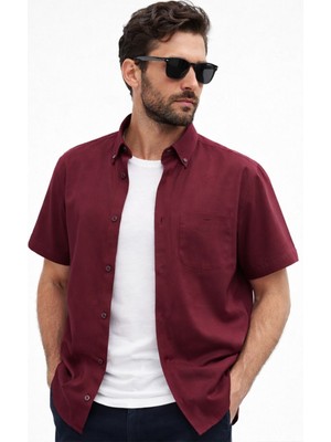 Varetta Erkek Bordo Gömlek Kısa Kollu Geniş Kesim Yaka Düğmeli Pamuk
