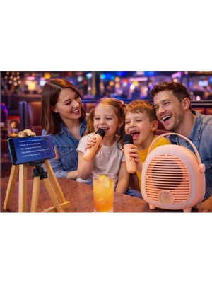 Tekinhediyelik Çocuklara Özel Retro Tasarımlı Bluetooth Karaoke Mikrofon ve Ahşap Tripodlu – Pembe