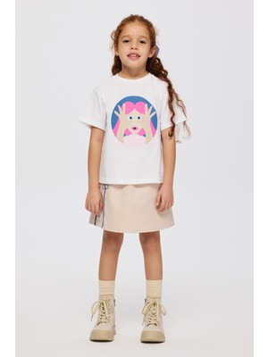 Panço Kız Çocuk Bisiklet Yaka Baskı Detaylı Kısa Kollu Beyaz Tişört