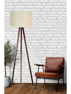 Allians Modern Üç Ayaklı Tripod Lambader, Yuvarlak Kumaş Başlık, Ahşap Tasarım
