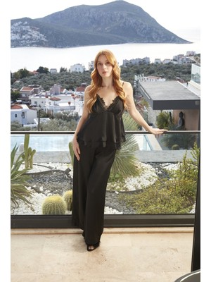 Aqua Dantel Detay Askılı Saten Pijama Takımı