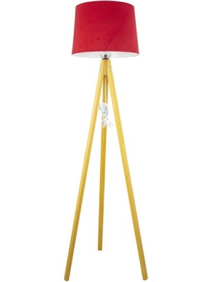 Allians Rustik Ahşap 3 Ayak Tripod Lambader, Kırmızı Konik Şapka Tasarımı