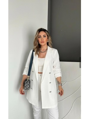 Qimya Butik Qimene Kadın Metal Düğmeli Önü Açık Rahat Kalıp Ceket