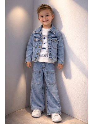 Bubiee Baby Erkek Çocuk Mavi Denim Takım - Ceket Pantolon ve Baskılı Penye Takım 3'lü Set