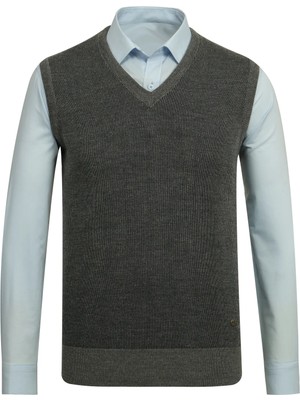Çizgi Triko Erkek V Yaka Triko Koyu Gri Süveter Desenli Renkli Kışlık Çelik Örgü Klasik Kalıp - 5015H
