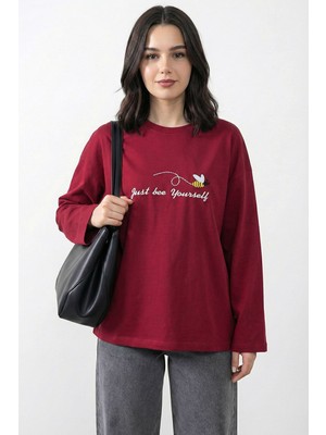 inStyle Arı Desen Nakışlı Oversize Bordo Sweat