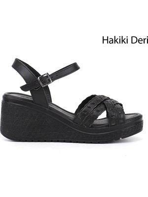 Gönderi(r) Kadın Siyah  Bilek Bağlı Dolgu Topuk Hakiki Deri Sandalet