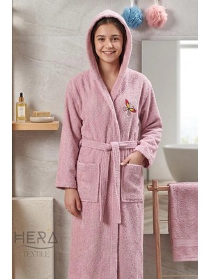 Hera Textile Çocuk Bornozu Pamuklu Kapüşonlu Pembe 13-18 Yaş Unisex-Kız-Erkek Kemerli Kelebek Nakışlı Genç Bornoz