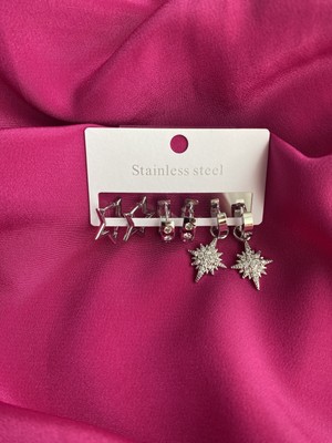 Xuping Kadın Gümüş Renk Çelik Zirkon Taşlı Çoklu Yıldız Küpe Seti