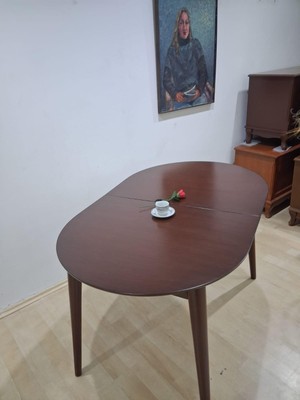 Bengi Ankara Mobilya Masa Oval 90641 Retro Ayak Model Kayın Retro Açılır Parlak Ceviz Tabla El Yapım