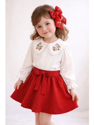 Yağmurun Butiği Kırmızı Belden Bağlamalı Etekli ve Yaka Nakışlı Bluzlu Kız Çocuk Takım Toka Hediyeli