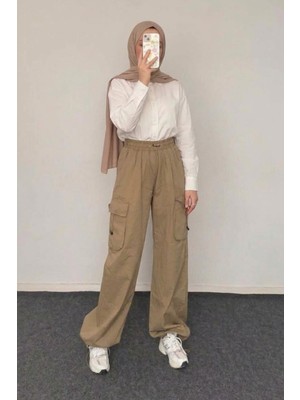 Tesettür Diyarı Kadın Ekstra Baggy Kargo Cepli Keten Pantolon- Bej