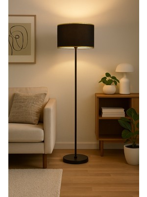 Allians Siyah Silindir Şapkalı Lambader, Gold Detaylı Kumaş Dekoratif Aydınlatma