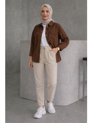 Tesettür Diyarı Kadın Beli Lastikli Keten Pantolon- Bej