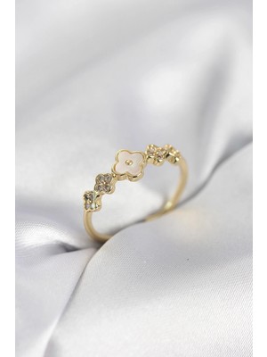 TE Dükkan Buğz Gold Renk Minimal Yonca ve Zirkon Taşlı Kadın Yüzük