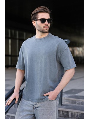 Madmext Gri %100 Pamuklu Oversize Erkek Tişört E7178