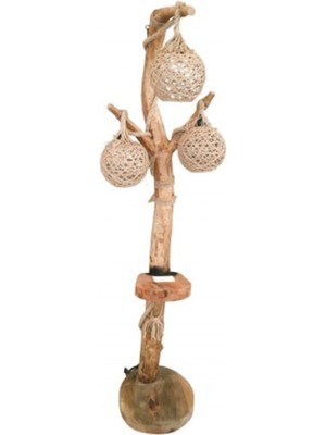 Allians Doğal Kütük Ağaç Lambader, Halatlı Tasarım, 3 Abajurlu, Şık Aydınlatma