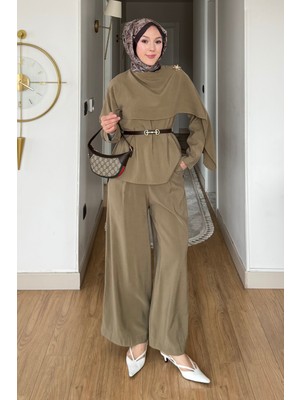 Tesettür Diyarı Tola Cupra Tansel Kumaş Şal Yaka Broşlu Tesettür Takım- Haki