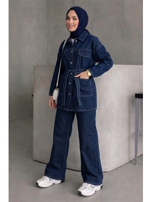 Tesettür Diyarı Kadın Kuşaklı Denim Tesettür Takım- Lacivert