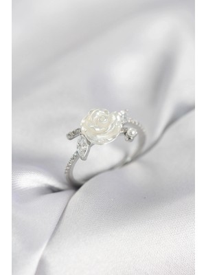 Moresun Buğz Gümüş Renk Gül Model Zirkon Taşlı Kadın Yüzük