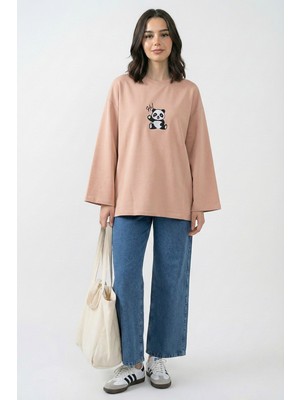 inStyle Panda Nakışlı Oversize Somon Sweat
