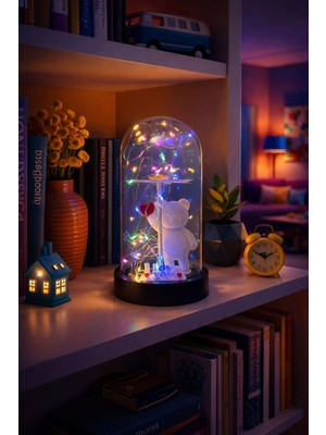 Allians Fanus Içinde Papatya ve Ayıcık Figürlü Peri LED Dekorasyon, Sevgiler Günü Hediyesi