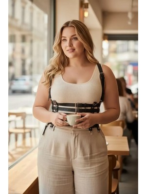 Özbience Büyük Beden Siyah Kadın Deri Body Harness Korse Tarzı