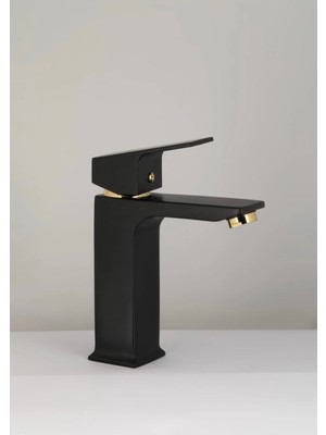 Idimax Kare Lavabo Batarya (Siyah-Gold) - Fırın Boyalı - Komple Pirinç - Montaj Aparatı Hediye