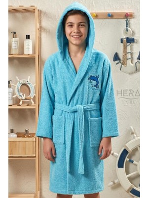 Hera Textile Çocuk Bornozu Pamuklu Kapüşonlu Turkuaz 13-18 Yaş Unisex-Kız-Erkek Kemerli Yunus Nakışlı Genç Bornoz