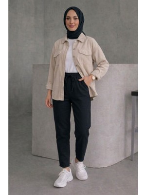 Tesettür Diyarı Kadın Beli Lastikli Keten Pantolon- Siyah