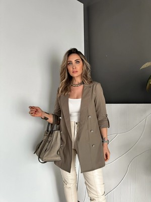 Qimya Butik Qimene Kadın Metal Düğmeli Önü Açık Rahat Kalıp Ceket